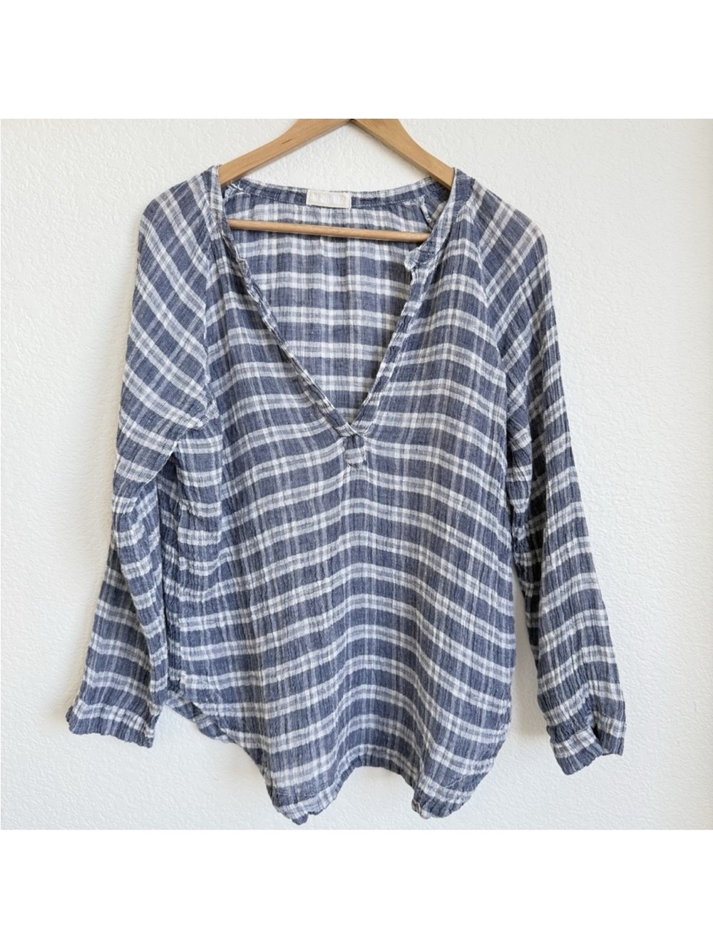 Free People Blue and White Plaid Long Sleeve V-Neck Top